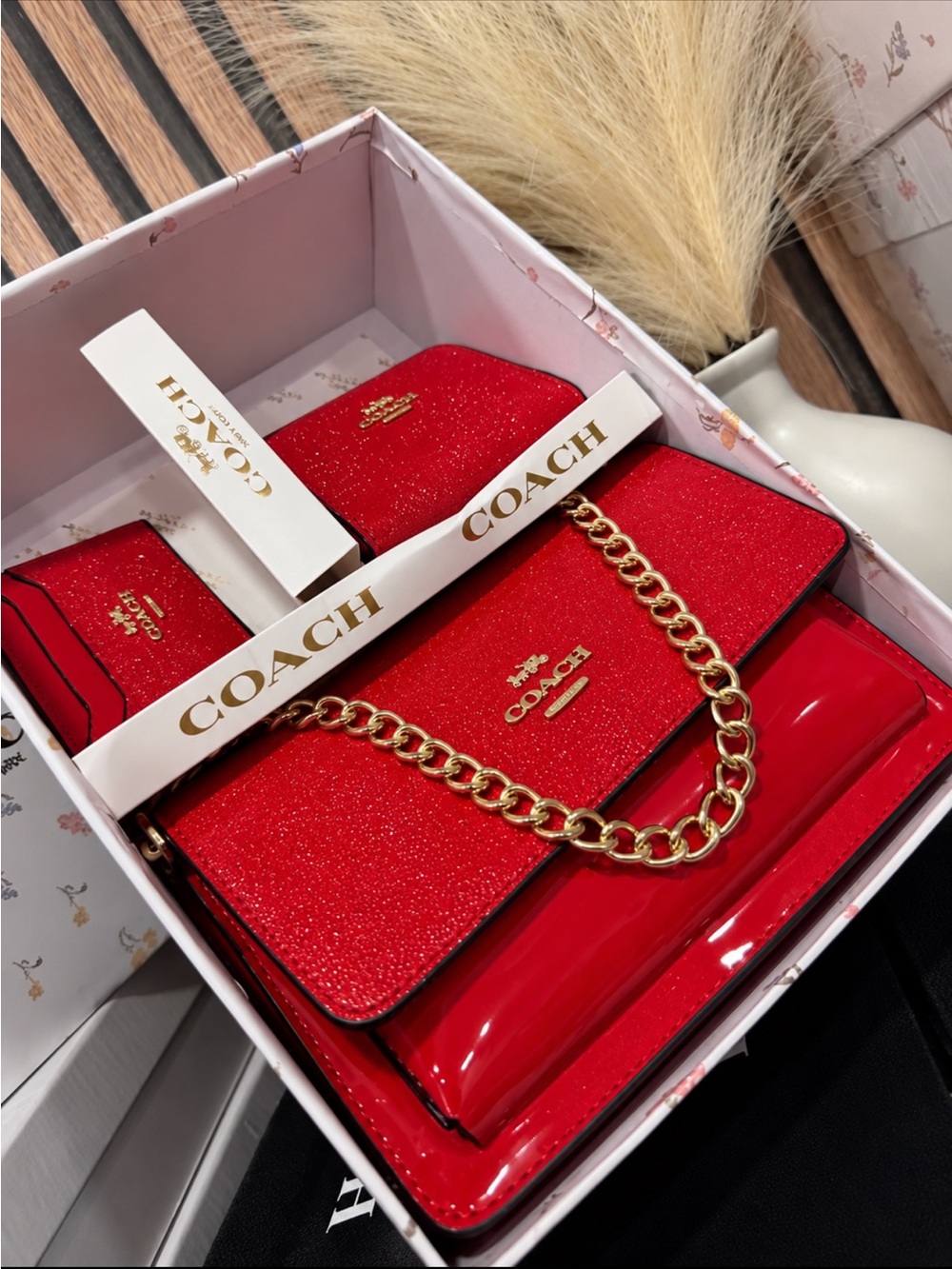 Coach Red Glitter and Patent Leather Crossbody with Gold Chain